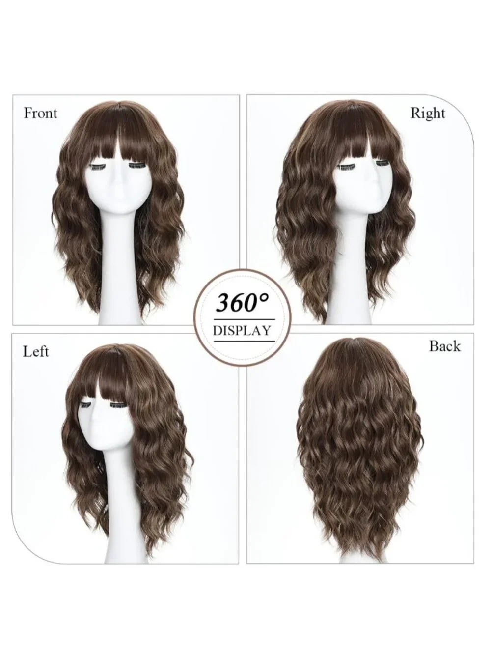 Women's Brown Highlight 16 Inch Wavy Wig Bangs Shoulder Length Synthetic Hair